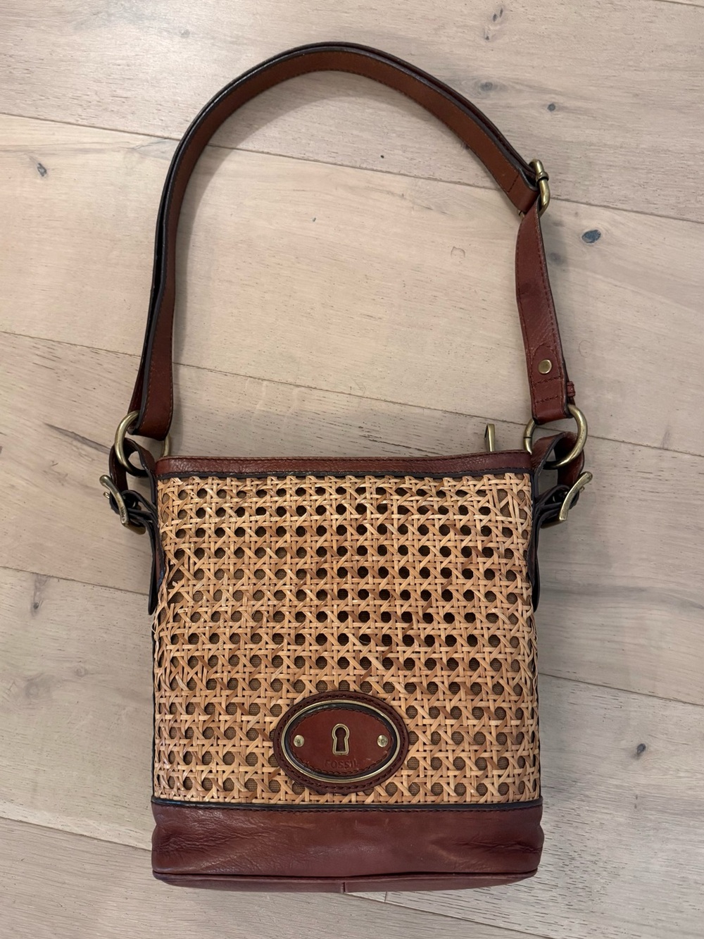Vintage Fossil Cane and Brown Leather Messenger Bag